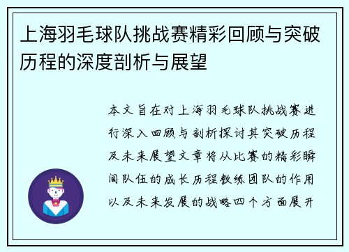 上海羽毛球队挑战赛精彩回顾与突破历程的深度剖析与展望