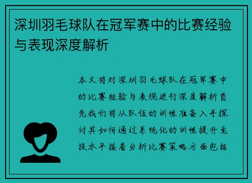 深圳羽毛球队在冠军赛中的比赛经验与表现深度解析