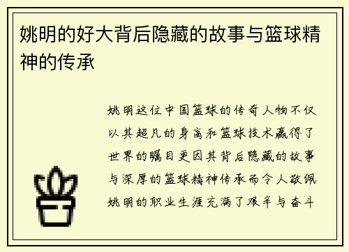 姚明的好大背后隐藏的故事与篮球精神的传承